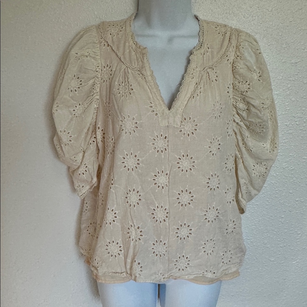 Entro Beige Eyelet Textured Top Boho Oversized Small